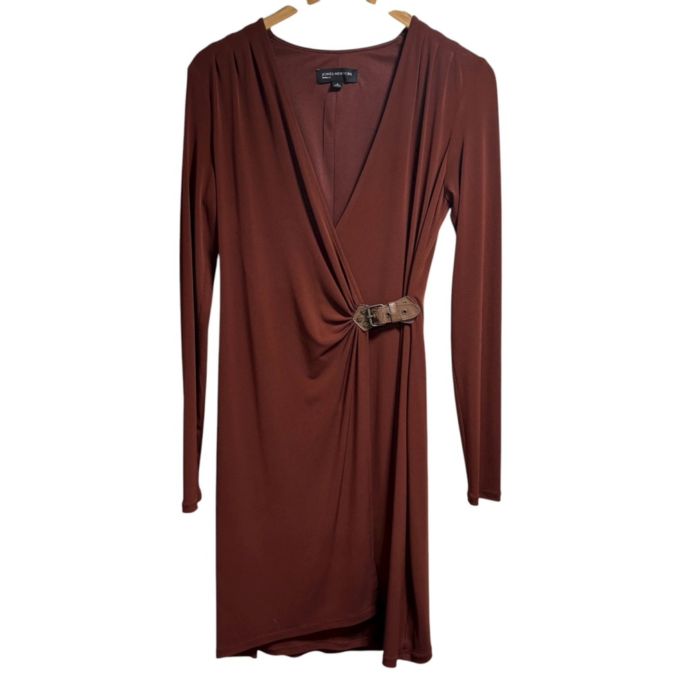 Jones New York Rust Brown Long Sleeve Faux Wrap‎ Buckle Dress 6 #840
